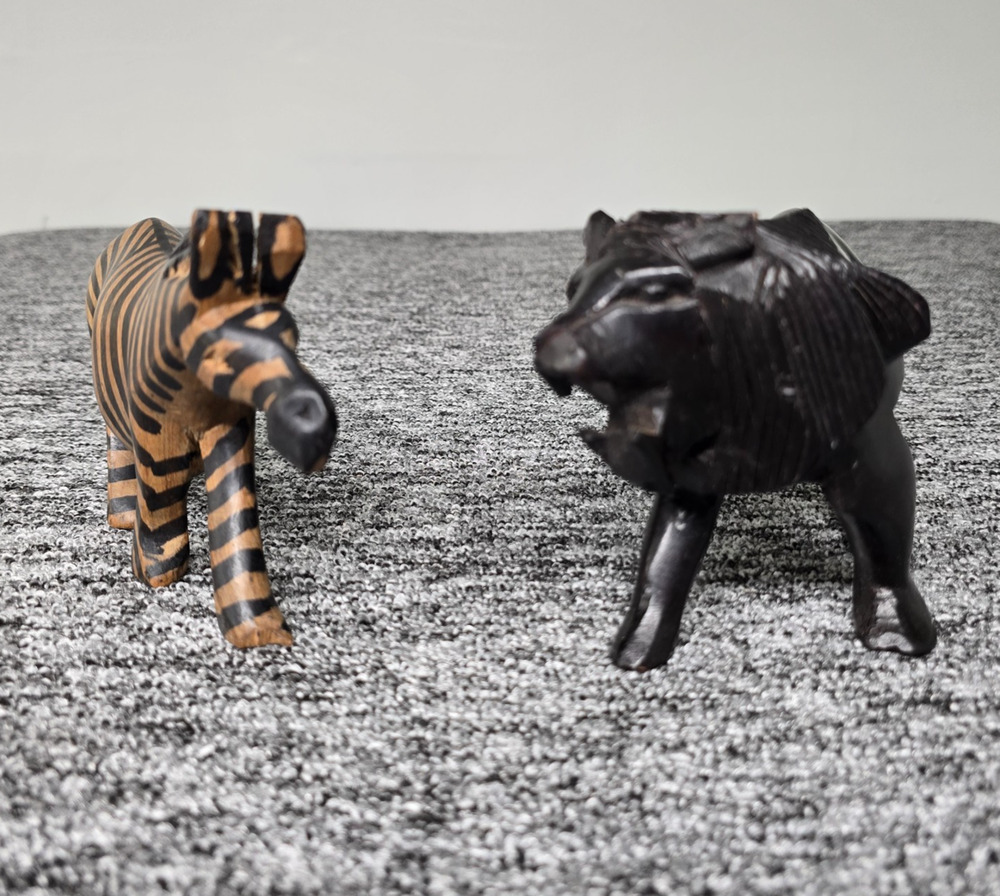 Hand-Carved Wooden Animal Figurines Zebra & Lion African Folk Art 7" x 4.5"